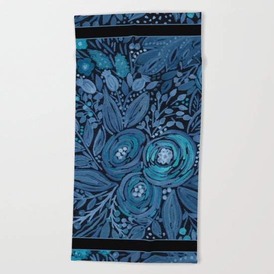 Watercolor . Black and blue floral pattern . Beach Towel