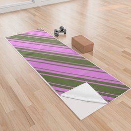 [ Thumbnail: Violet and Dark Olive Green Colored Lines/Stripes Pattern Yoga Towel ]
