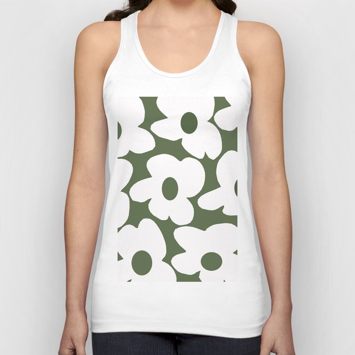 Large White Retro Flowers Forest Green Background #decor #society6 #buyart Tank Top