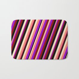 [ Thumbnail: Vibrant Dark Violet, Dark Red, Black, Bisque, and Salmon Colored Stripes Pattern Bath Mat ]