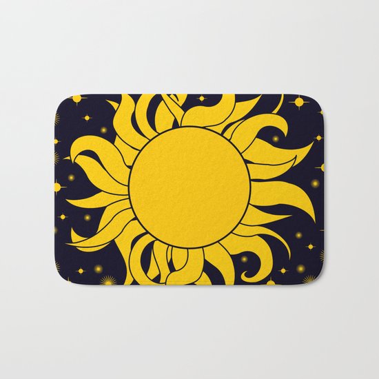 Bold Yellow Sun & Stars On Dark Blue Bath Mat