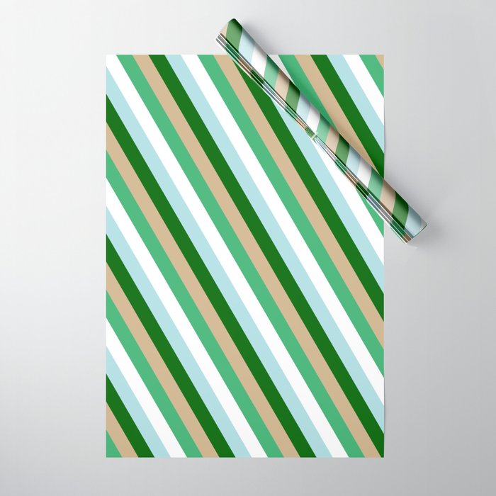 Eye-catching Tan, Sea Green, White, Powder Blue, and Dark Green Colored Pattern of Stripes Wrapping Paper