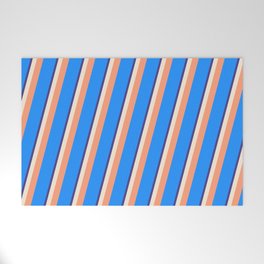 [ Thumbnail: Dark Slate Blue, Beige, Light Salmon & Blue Colored Pattern of Stripes Welcome Mat ]