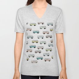 Happy Camper Van Bus blue traveling hippie summer pattern design print V Neck T Shirt