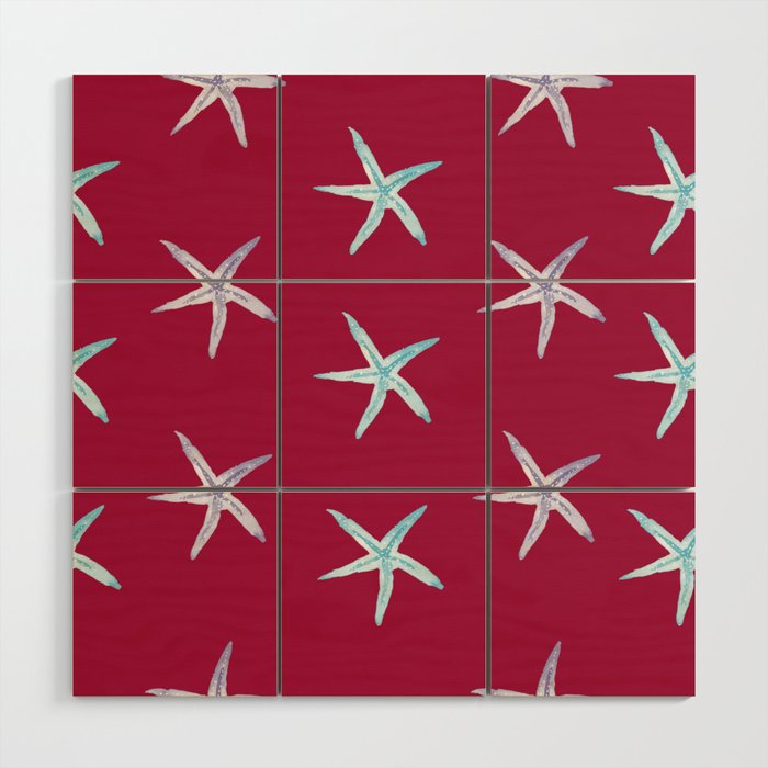 Pastel Watercolor Starfish on Vivacious Red Wood Wall Art