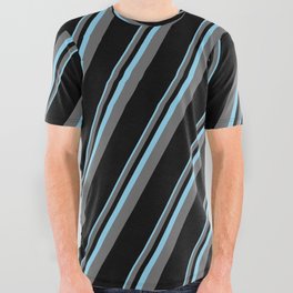 [ Thumbnail: Sky Blue, Dim Grey, and Black Colored Pattern of Stripes All Over Graphic Tee ]