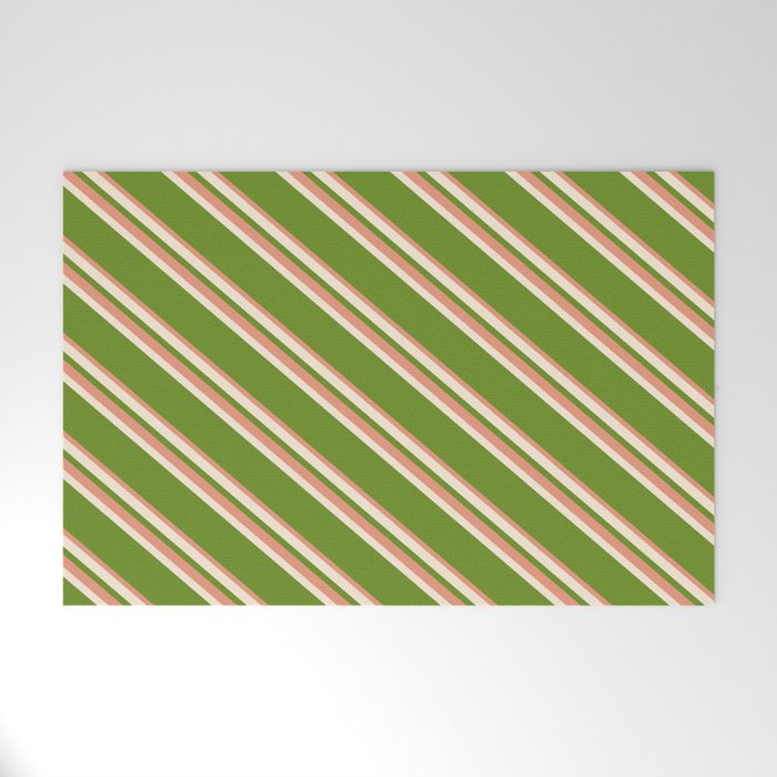 Beige, Green & Dark Salmon Colored Striped/Lined Pattern Welcome Mat