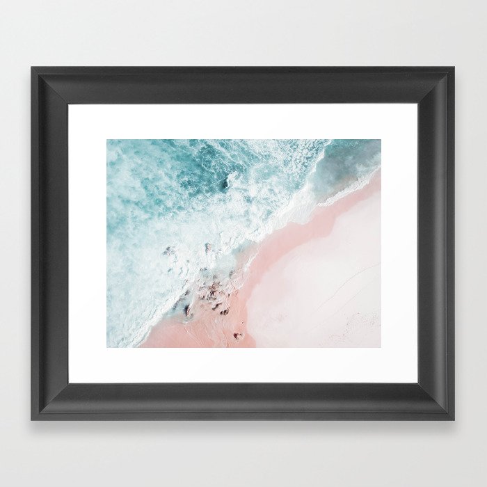 Aerial Ocean Print - Aerial Beach - Pastel Pink Sand - Sea -Travel photography by Ingrid Beddoes Framed Art Print