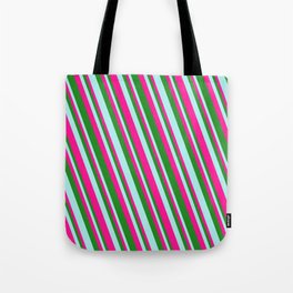 [ Thumbnail: Turquoise, Deep Pink, and Forest Green Colored Pattern of Stripes Tote Bag ]