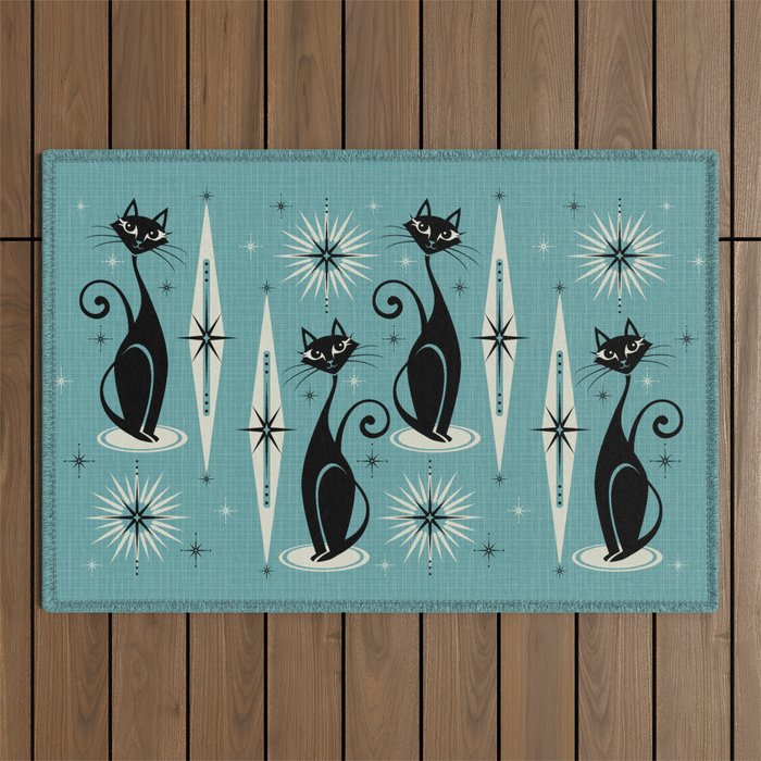 Mid Century Meow Retro Atomic Cats on Blue Outdoor Rug