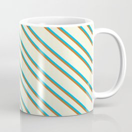 [ Thumbnail: Beige, Deep Sky Blue & Chocolate Colored Lines Pattern Coffee Mug ]