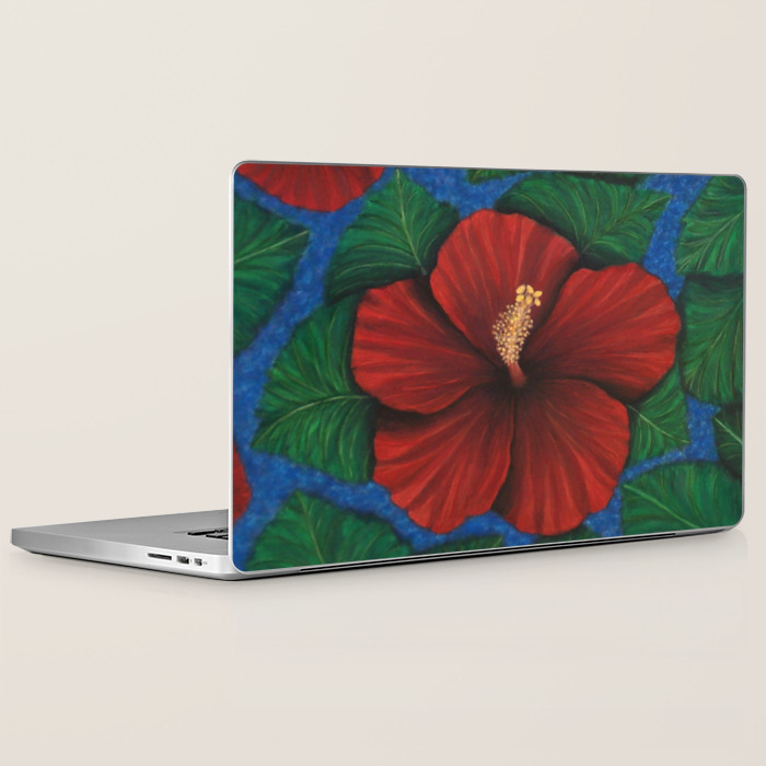 Tropical Hibiscus In Red Island Art Painting Laptop Ipad Skin By
