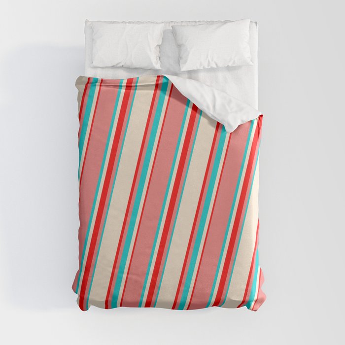 Light Coral, Dark Turquoise, Beige & Red Colored Lines/Stripes Pattern Duvet Cover