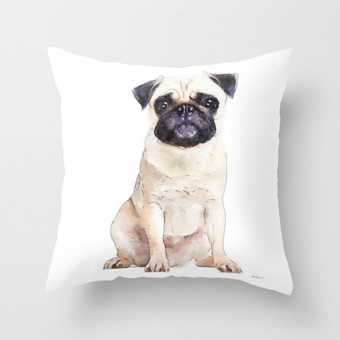 Pug, cream pug, watercolor, puppy, dog Throw Pillow by Amanda Greenwood