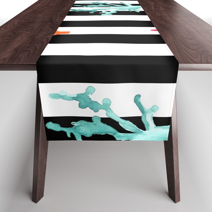 Colorful Coral Reef on Black Stripes Table Runner
