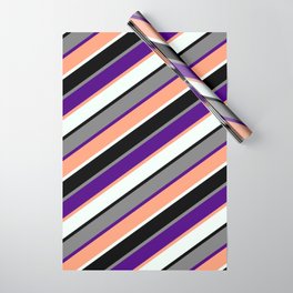 [ Thumbnail: Eye-catching Grey, Indigo, Light Salmon, Mint Cream, and Black Colored Stripes/Lines Pattern Wrapping Paper ]