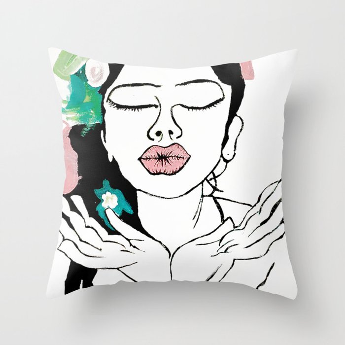 Kisses: a pretty, minimal, portrait illustration in black and white with a hint of color Throw Pillow