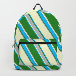 [ Thumbnail: Light Yellow, Deep Sky Blue, Forest Green & Grey Colored Stripes Pattern Backpack ]