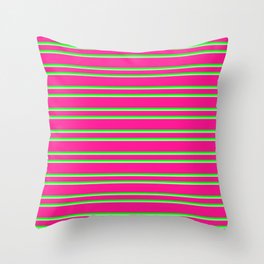 [ Thumbnail: Deep Pink, Lime & Green Colored Pattern of Stripes Throw Pillow ]