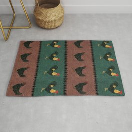 Rooster and Hen in Velvety Rustic Pattern Rug | Homespun, Hen, Rusty, Domestic, Velvety, Barnyard, Fowl, Green, Farmhouse, Graphicdesign 