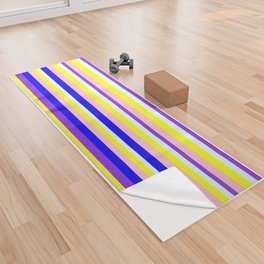 [ Thumbnail: Eyecatching Pink, Blue, Purple, Light Cyan & Yellow Colored Striped Pattern Yoga Towel ]