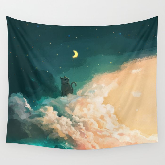 A Cat Holds The Moon Wall Tapestry