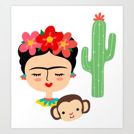 Frida Kahlo inspired illustration, with Monkey and Cactus Art Print