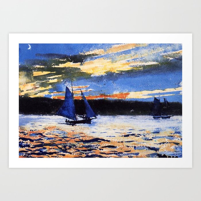 Winslow Homer's Gloucester Sunset nautical maritime landscape painting with sailboat - sailing Art Print