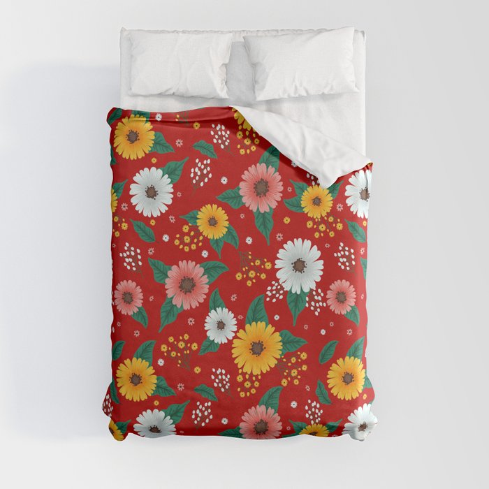 Colorful Spring Flowers Pattern in Red Background Duvet Cover