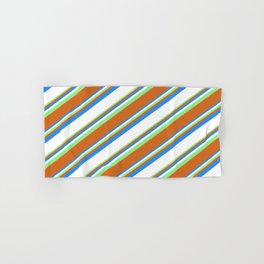 [ Thumbnail: Blue, White, Light Green, and Chocolate Colored Lined Pattern Hand & Bath Towel ]