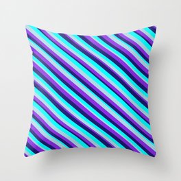 [ Thumbnail: Midnight Blue, Aqua, Light Blue, and Purple Colored Lined/Striped Pattern Throw Pillow ]