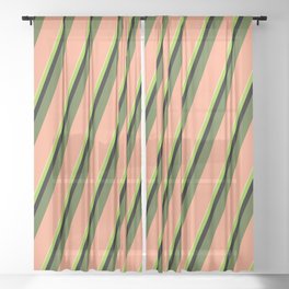 [ Thumbnail: Colorful Pale Goldenrod, Green, Black, Dark Olive Green & Light Salmon Colored Lined/Striped Pattern Sheer Curtain ]