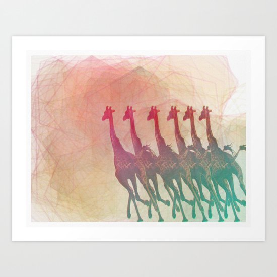 giraffes running into a spectrum Art Print