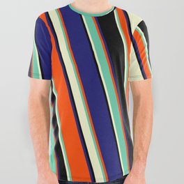 [ Thumbnail: Red, Aquamarine, Light Yellow, Black & Midnight Blue Colored Lines/Stripes Pattern All Over Graphic Tee ]