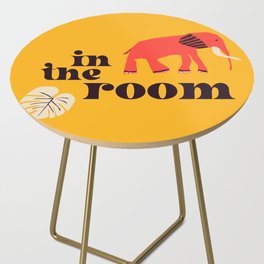 Elephant in the room: Retro font and art in bright red and yellow (with bonus monstera leaf) Side Table