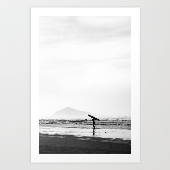 Surfer on Tofino Beach in black & white - Wild ocean waves | Canada travel photography art print Art Print