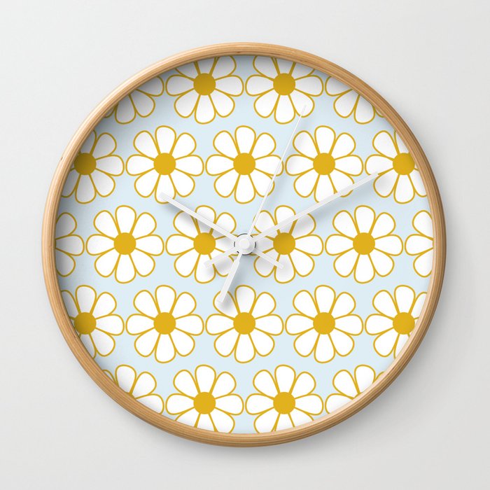 Cheerful Retro Daisy Pattern in Mustard and Pale Ice Blue Wall Clock