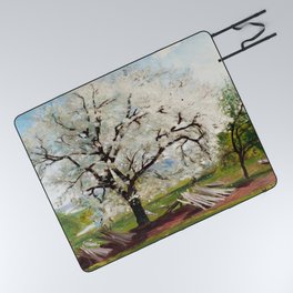 Apple Blossoms of Spring oil on canvas landscape painting by Carl Fredrik Hill Picnic Blanket