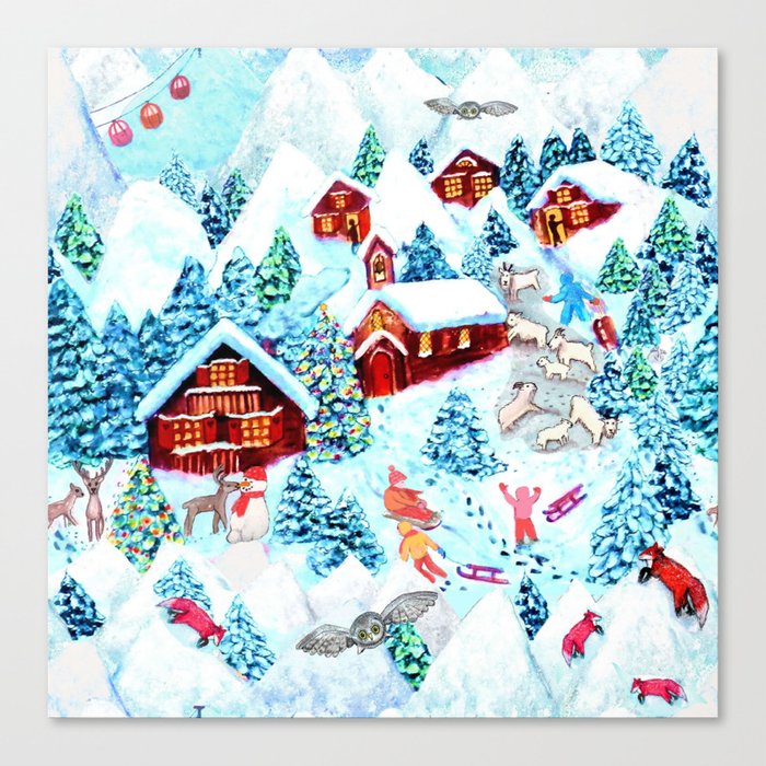 Snowy village with log cabins, snow days, Alpine watercolor painting by Magenta Rose Designs Canvas Print