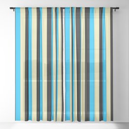 [ Thumbnail: Pale Goldenrod, Black & Deep Sky Blue Colored Lined/Striped Pattern Sheer Curtain ]