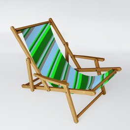 [ Thumbnail: Light Sky Blue, Lime, Dark Green & Grey Colored Striped Pattern Sling Chair ]