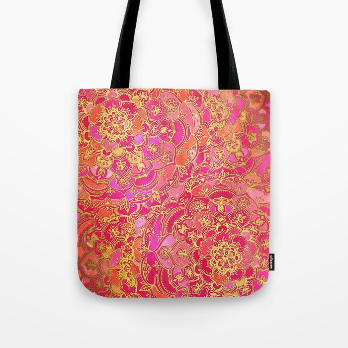 Hot Pink and Gold Baroque Floral Pattern Tote Bag
