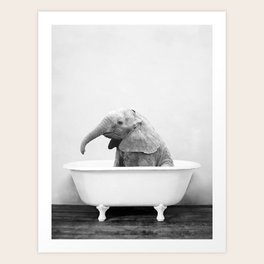 Baby Elephant in a Vintage Bathtub (bw) Art Print