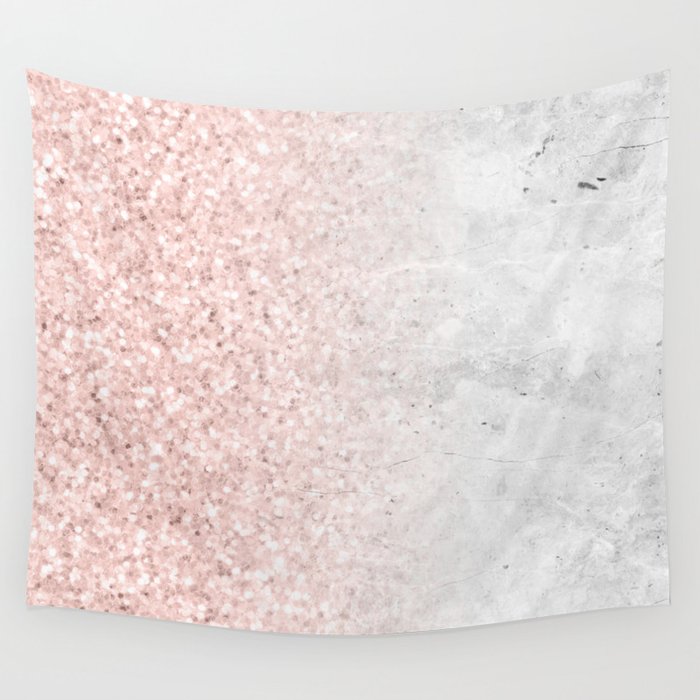Blush Pink Sparkles on White and Gray Marble Wall Tapestry