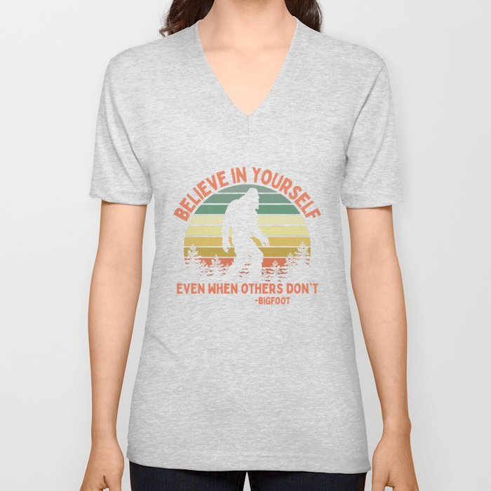 Bigfoot Funny Believe In Yourself Motivational Sasquatch Vintage Sunset V Neck T Shirt