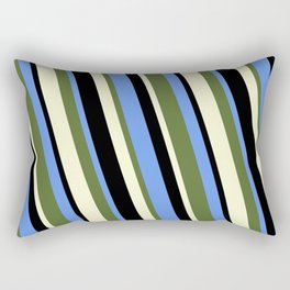[ Thumbnail: Cornflower Blue, Dark Olive Green, Light Yellow, and Black Colored Lines/Stripes Pattern Rectangular Pillow ]