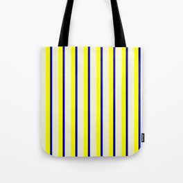 [ Thumbnail: Yellow, Beige, Blue, and Black Colored Lines Pattern Tote Bag ]