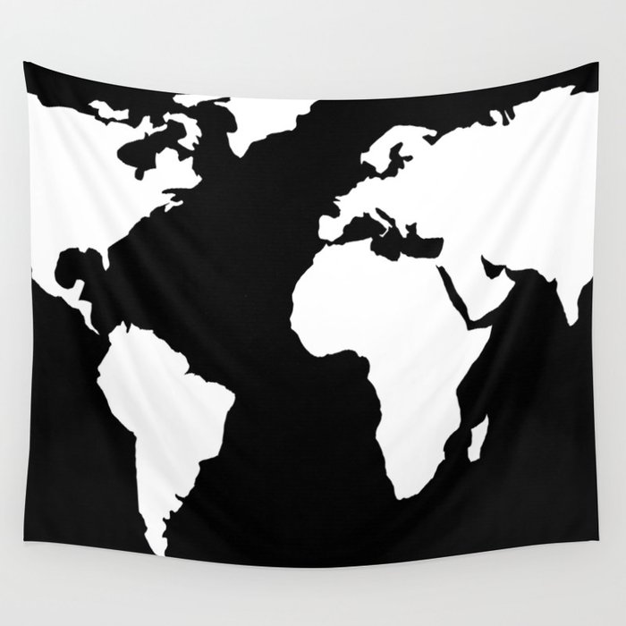 World Map White on Black Wall Tapestry