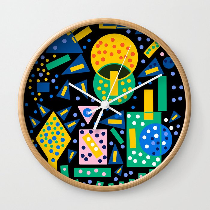 Black Abstract Pattern Terrazzo with dots and geometric shapes Wall Clock
