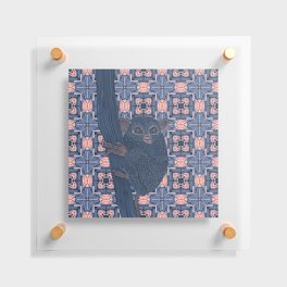 Cute Bush baby sitting on tree stump with pink and blue patterned background Floating Acrylic Print